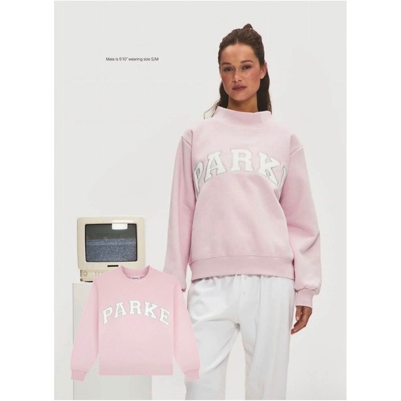Parke Tops - Parke Varsity Mock Neck Sweatshirt Womens S/M Pink Excellent Arched Logo Fleece